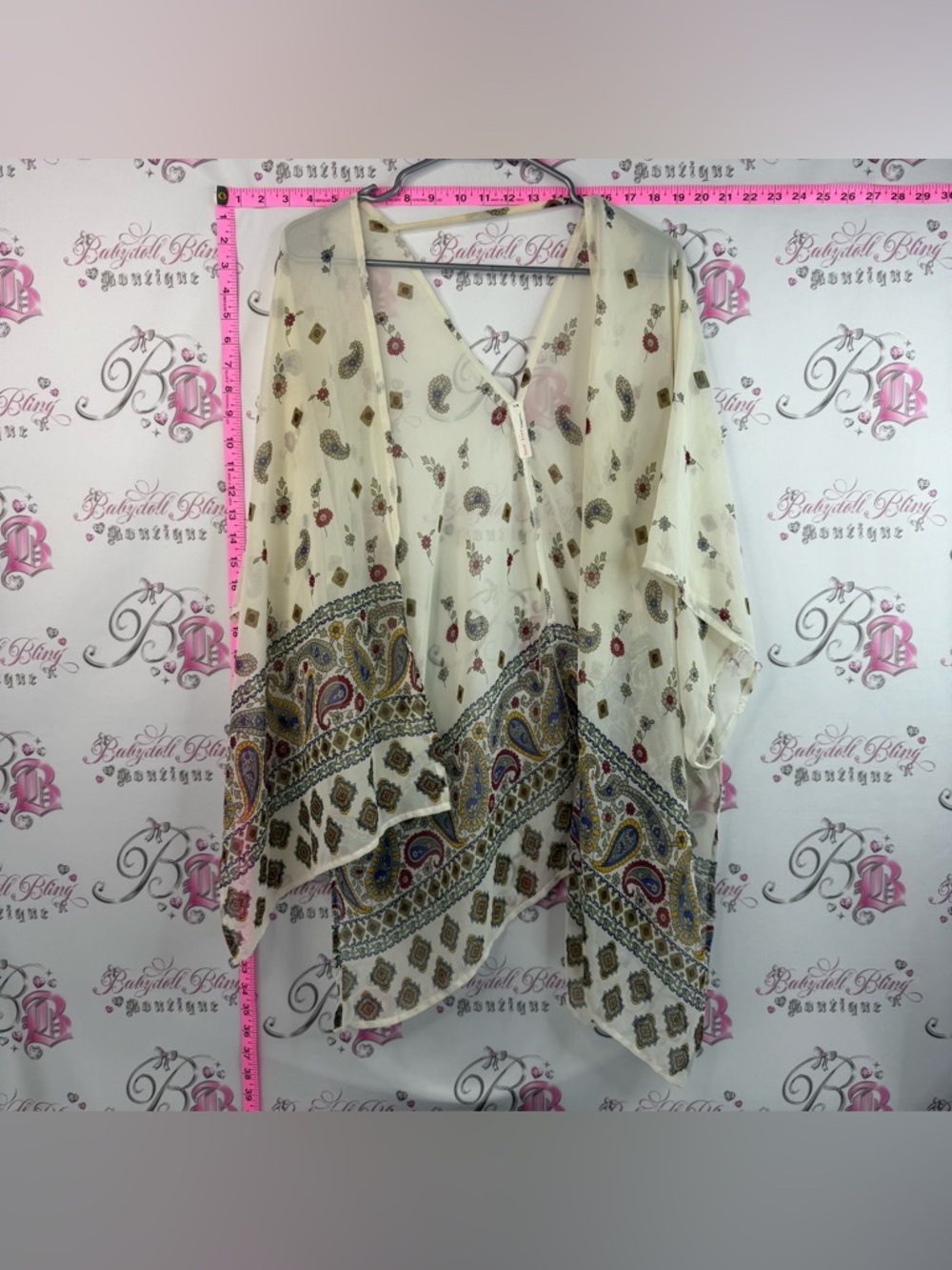 Love Tree cardigan sheer floral Cream Paisley Border Kimono Top